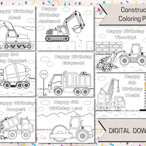Afdrukbare kleurplaten, verjaardagsfeestje voor bouwvrachtwagens, gepersonaliseerde kleurplaten voor kinderen, afdrukbare bouw, digitale pdf, placemat