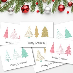 Cartões de árvore de Natal imprimíveis, cartão de Natal minimalista, conjunto de cartões de férias, cartões de Natal em branco, cartão de Natal DIY rosa dourado verde