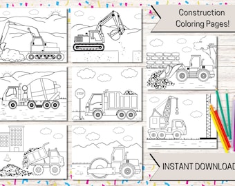 Fiesta de cumpleaños de construcción, páginas para colorear de construcción, páginas para colorear para niños, construcción imprimible, PDF digital, favores de fiesta, mantel individual