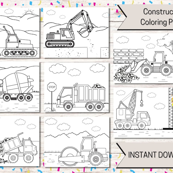 Urodziny budowlane, Kolorowanki budowlane, Kolorowanki dla dzieci, Budowa do druku, PDF cyfrowy, Upominki na imprezę, Podkładka