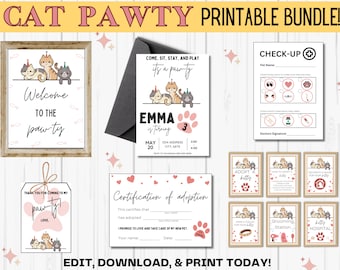 EDYTOWALNY pakiet Cat Party, Gry Kitty Party do druku, Dekoracje na przyjęcie Adoptuj kota, Spersonalizowane przyjęcie urodzinowe dla kota, Pobieranie cyfrowe
