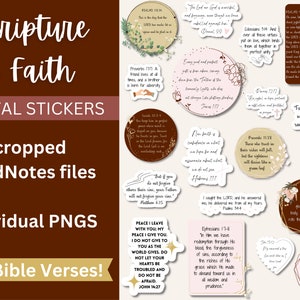 Può includere: Set di adesivi digitali con 125 versetti biblici in varie forme e design. Gli adesivi includono elementi floreali e botanici, con testo in una varietà di caratteri e colori. Sono visibili anche le parole "Scripture & Faith" e "Digital Stickers".