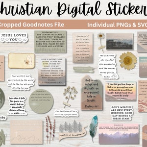 May include: A set of 16 digital stickers featuring Christian quotes and illustrations. The stickers are pre-cropped for use in the Goodnotes app and are also available as individual PNG and SVG files. The stickers feature a variety of designs, including mountains, flowers, butterflies, and feathers. The quotes include verses from the Bible, such as "Jesus Loves You" and "God is our refuge and strength".