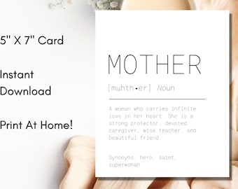 Card For Mom, Mother's Day Card, Printable Birthday Card For Mom, Funny Mom Definition Card, Mother Definition, FREE Printable Envelope