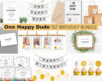 EDITABLE 1st Birthday Bundle, One Happy Dude Birthday, Smiley Face Birthday Invitation, Printable Boys Birthday, One Happy Dude Party Decor