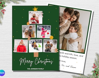 Christmas Tree Photo Collage Card, Canva Template, Editable Merry Christmas Card, Printable Holiday Card, Red Green White Cream Holiday Card