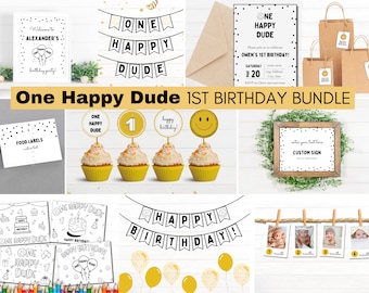 ONE Happy Dude Birthday Bundle, First Boy Birthday, Editable Party Invitation, Smiley Face Birthday, One Happy Dude 1st Birthday Set Decor