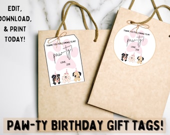 Custom Puppy Birthday Party Favor Tags, Dog Pawty Birthday Editable Thank You Tags, Birthday Printables, Lets Pawty Gift Tags, Download