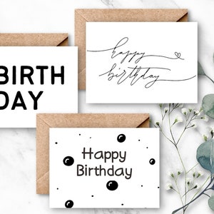 Pack de 5 cartes de joyeux anniversaire noir et blanc, carte d&#39;anniversaire imprimable, carte d&#39;anniversaire, carte d&#39;anniversaire simple, carte minimaliste, téléchargement numérique