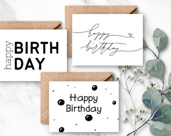 Black And White 5 Pack Happy Birthday Cards, PRINTABLE Birthday Card, Birthday Card, Simple Birthday Card, Minimalist Card, Digital Download