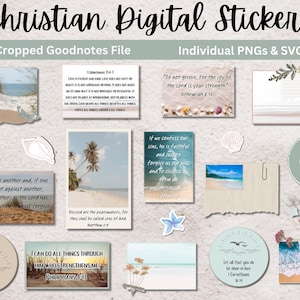 May include: A set of digital stickers featuring beach-themed illustrations and inspirational Christian quotes. The stickers are pre-cropped for use in the Goodnotes app and are also available as individual PNG and SVG files.