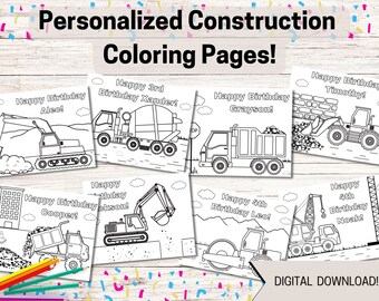 Páginas para colorear de camiones de construcción personalizadas, fiesta de cumpleaños de construcción, páginas para colorear para niños, construcción imprimible, PDF, mantel individual