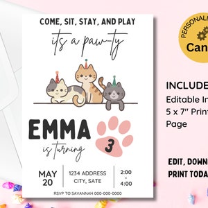 EDITABLE It's A Pawty Invitation, Cat Birthday Party, Cat Adoption Birthday, Cat Card Invitation, Birthday Invitation Template Printable