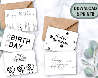 PRINTABLE Birthday Card, Simple Birthday Card, Digital Download Card, Black And White Birthday Card Set, Minimalist Happy Birthday Card