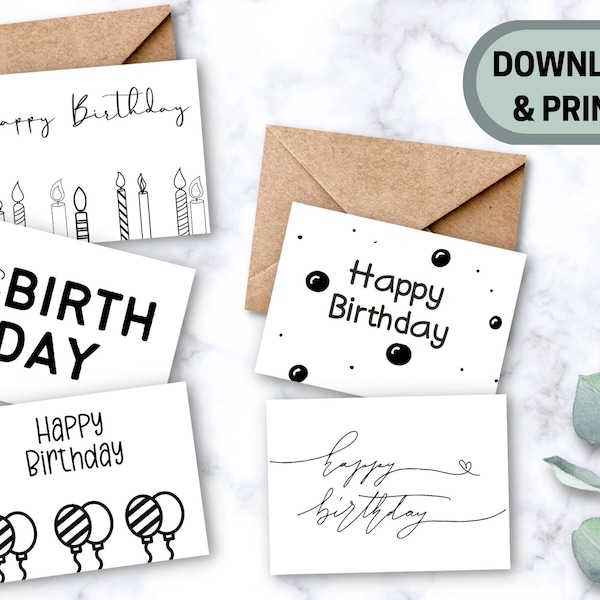 PRINTABLE Birthday Card, Simple Birthday Card, Digital Download Card, Black And White Birthday Card Set, Minimalist Happy Birthday Card