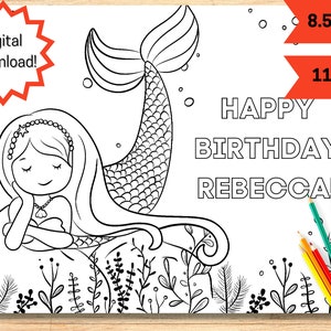 5 Personalized Birthday Mermaid Coloring Pages, Mermaid Themed Birthday Coloring Pages, Birthday Party Favors, Birthday Party Placemat