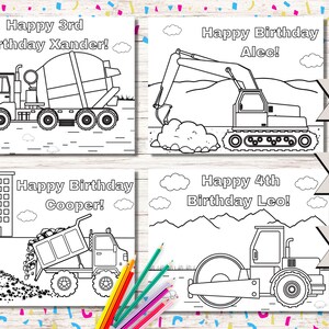 May include: Four printable colouring pages featuring construction vehicles. Each page has a different vehicle, including a cement mixer, excavator, dumper truck, and a steamroller. The pages are designed for children's birthday parties and include the text "Happy Birthday" and the child's name and age.