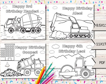 8 páginas para colorear de construcción, fiesta de cumpleaños de camión de construcción, páginas para colorear para niños imprimibles, construcción imprimible, PDF, mantel individual