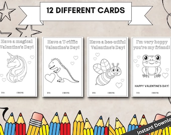 12 PRINTABLE Valentines Cards, Kids Coloring Page, Kids Valentines Cards, Valentines Card For School, Valentines Crafts, Valentine Gift Tags