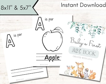 ABC-Buch-Baby-Dusche-Spiele, Baby-Dusche-Malseiten, Babys erstes ABC-Buch, Waldtiere, Alphabet-Malbuch, digitaler Download