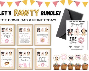 PRINTABLE Dog Birthday Party Bundle, Puppy Party Games, Adopt a Puppy Party Signs, Editable Invitations, Pink Puppy Birthday Decorations