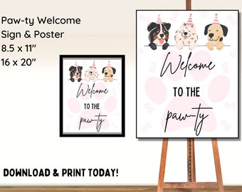 May include: A printable welcome sign for a dog party. The sign features three dogs wearing party hats and the text "Welcome to the paw-ty". The sign is 8.5 inches by 11 inches or 16 inches by 20 inches.