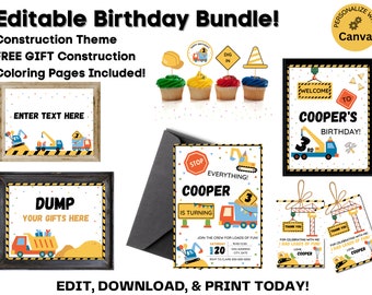 Construction Birthday Party, Dump Truck Party Package Decorations, Boy Party Bundle Printable Editable Template Digital Instant Download