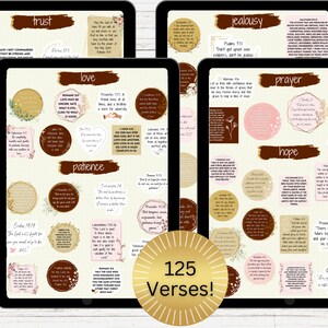 Könnte beinhalten: Digitaler Kunstdruck mit Bibelversen auf Tablets. Die Verse sind in kreisförmigen und rechteckigen Designs mit floralen Akzenten angeordnet. Die Wörter "Vertrauen", "Liebe", "Geduld", "Eifersucht", "Gebet" und "Hoffnung" sind sichtbar.