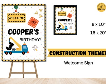 Peut inclure: Une pancarte de bienvenue pour une fête d'anniversaire sur le thème de la construction. La pancarte représente un camion de chantier jaune avec le numéro 3 sur le côté, un fond à rayures jaunes et noires, et le texte "Bienvenue à l'anniversaire de Cooper, 3 ans !"