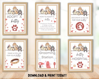 May include: Printable signs for a kitty adoption event. The signs feature cute cartoon cats wearing party hats and say "Adopt a kitty", "How to adopt a kitty", "Decorate a house for your kitty", "Make a collar for your kitty", "Grooming Station", and "Kitty Hospital".