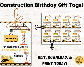 Verjaardag partij gunst tags, bouw dank u cadeau tags, bouw verjaardag aangepaste tags, bewerkbare Canva sjabloon, afdrukbare digitaal