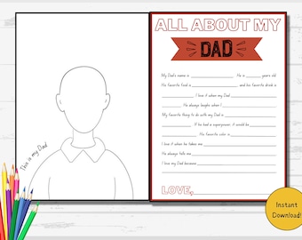 Personalized Gift For Dad, Father's Day Card, Coloring Cards, All About Dad, Printable Cards, DIY Fathers Day Gift, Fill In The Blanks