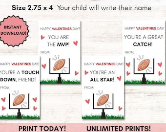 May include: Printable Valentine's Day cards featuring football-themed designs. The cards say "Happy Valentine's Day!" and include messages like "You're a Touch Down, Friend!" and "You're a Great Catch!" The cards are 2.75 inches by 4 inches.