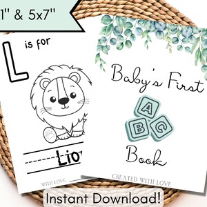 Baby&#39;s First ABC Book, Printable ABC Book Baby Shower Games, Digital Download, Baby Shower Coloring Pages, Alphabet Coloring Book, Greenery