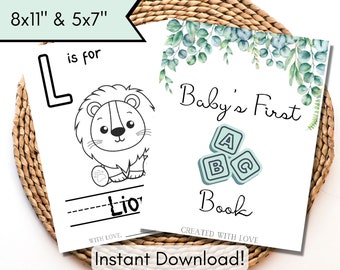 Baby's First ABC Book, Printable ABC Book Baby Shower Games, Digital Download, Baby Shower Coloring Pages, Alphabet Coloring Book, Greenery