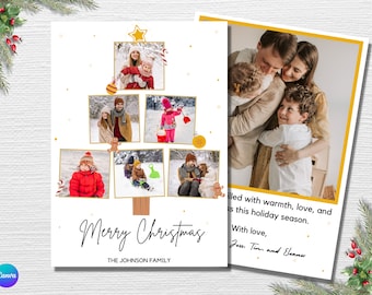Christmas Photo Card Template For Canva, DIY Christmas Photo Collage, Printable Holiday Card, Editable Christmas Tree Card, 5x7 Card