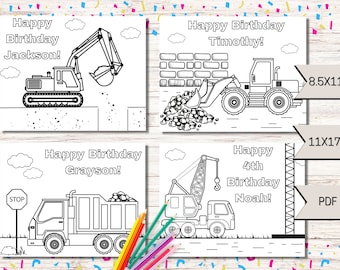 May include: Four printable coloring pages featuring construction vehicles. Each page has a different vehicle, including an excavator, a bulldozer, a dump truck, and a crane. The pages are designed for children and include the text "Happy Birthday" and the child's name. The pages are available in two sizes: 8.5x11 inches and 11x17 inches.