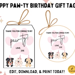 EDITABLE Dog Birthday Party Gift Tags, Puppy Pawty Birthday Custom Thank You Tags, Editable Template, Printable Digital, Party Favor Tags
