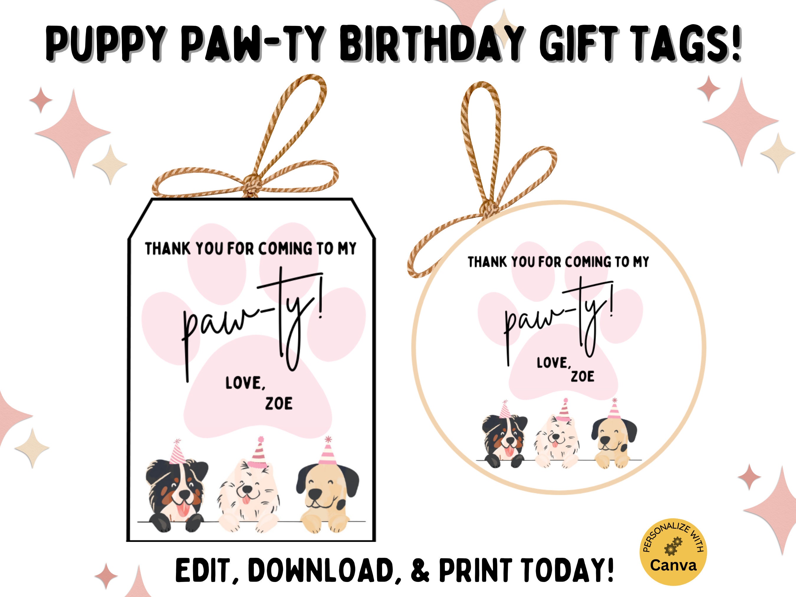 EDITABLE Dog Birthday Party Gift Tags, Puppy Pawty Birthday Custom Thank You Tags, Editable Template, Printable Digital, Party Favor Tags