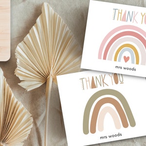 Tarjetas de agradecimiento personalizables IMPRIMIBLES, notas de agradecimiento para maestros, tarjetas de maestros y guarderías, tarjeta arco iris minimalista, Canva