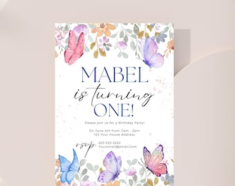 Butterfly Birthday Invitation Template: Watercolor Floral Garden (Canva Editable, Digital Download)