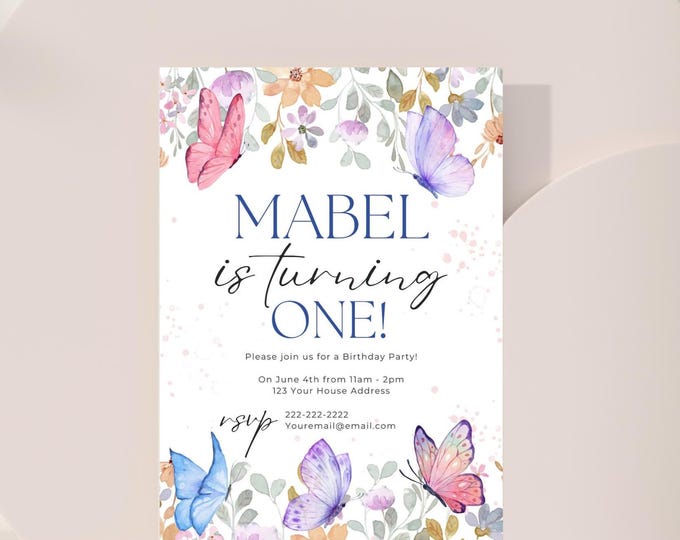 Butterfly Birthday Invitation Template: Watercolor Floral Garden (Canva Editable, Digital Download)