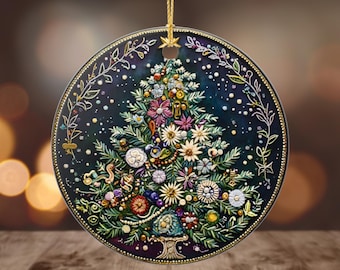 Floral Christmas Tree Ornament Ceramic Folk Art Holiday Decor Botanical Vintage Winter Keepsake
