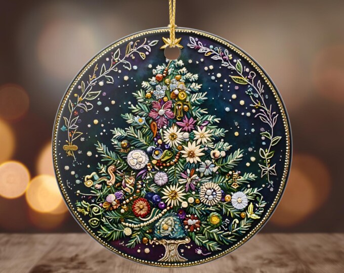 Floral Christmas Tree Ornament Ceramic Folk Art Holiday Decor Botanical Vintage Winter Keepsake