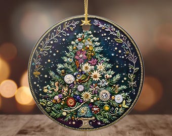 Floral Tree Ceramic Keepsake Hand-Painted Folk Art Holiday Decoration Double-Sided Round Ornament