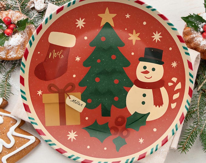 Personalized Christmas Plate: Custom Name, Snowman & Tree Design