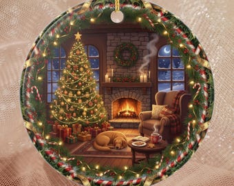 Cozy Christmas Fireplace Dog Ornament Double Sided Ceramic Keepsake | Holiday Home Decor Gift