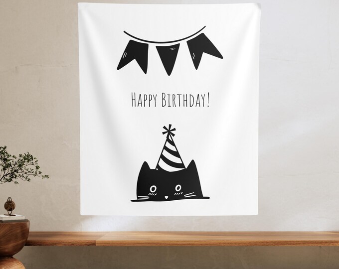 Happy Birthday Cat Tapestry: Whimsical Party Wall Hanging