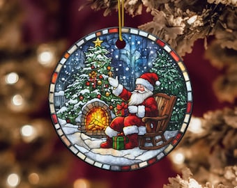 Stained Glass Art Santa Ornament Christmas Tree Decor