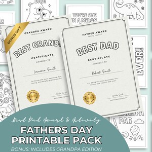 Pack d'activités imprimable fête des pères pour enfants, carte de certificat de récompense pour papa d'un enfant, cadeau grand-père, pages à colorier à faire soi-même, téléchargement immédiat